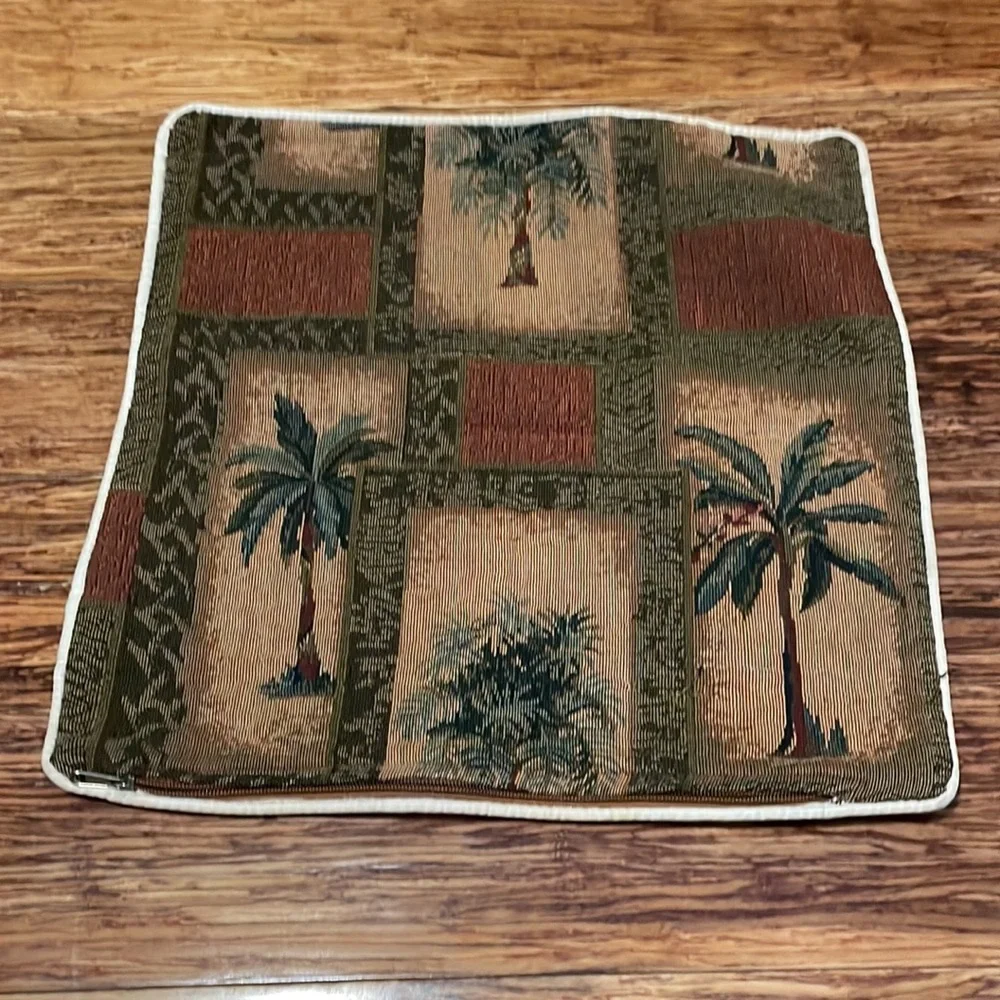 Brown green tropical embroidered palm tree print pillow case cover 17x17”